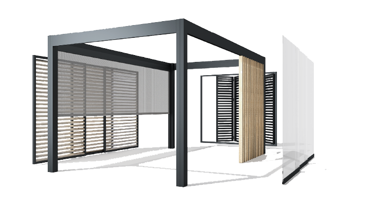 Pergola aluminium avec ses différentes options de fermetures latérales. 