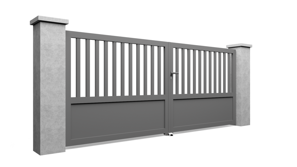 Portail plein avec différentes dispositions de découpes et barreaux