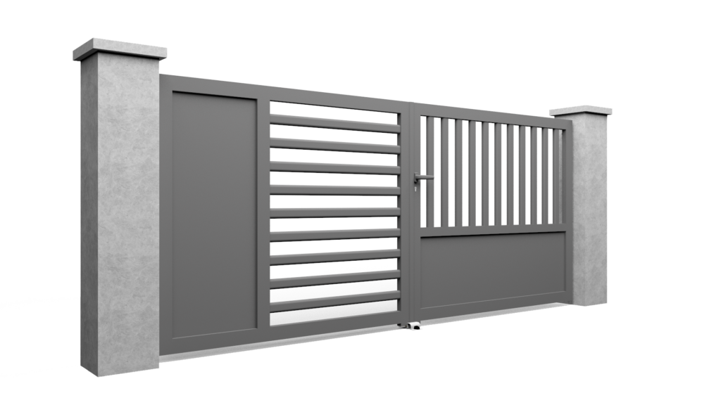 Portail plein avec différentes dispositions de découpes et barreaux