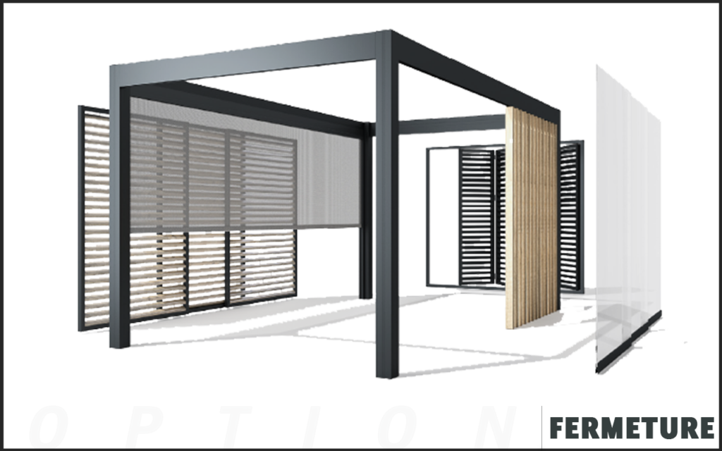 Différentes options sur une pergola sur mesure en aluminium : persiennes fixes, coulissantes, coulissants panoramiques